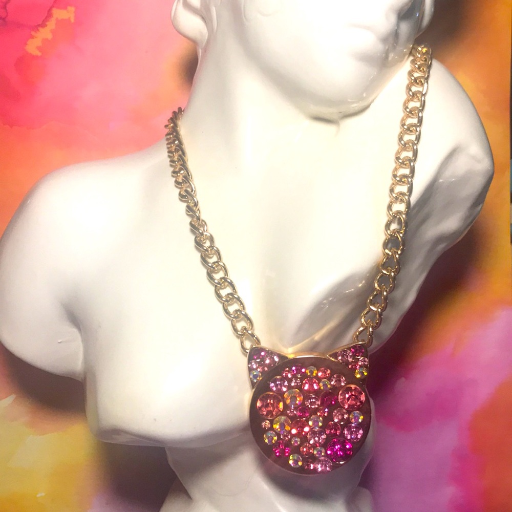 NWT Betsey Johnson Pink Rhinestone Cat Necklace